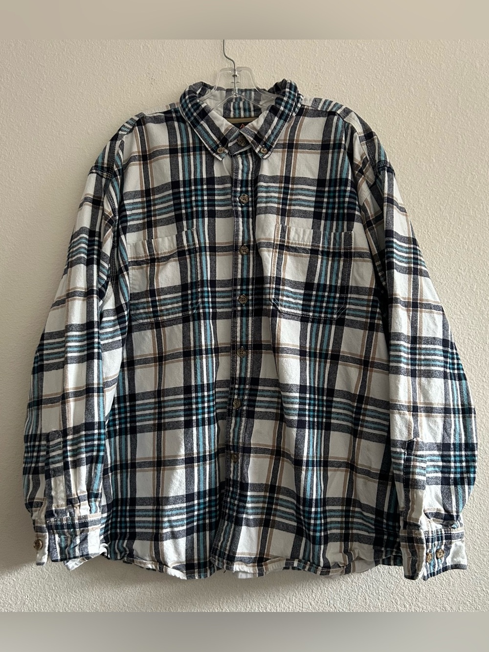 Relaxed Fit White Plaid Button-Down Shirt with Teal Accents